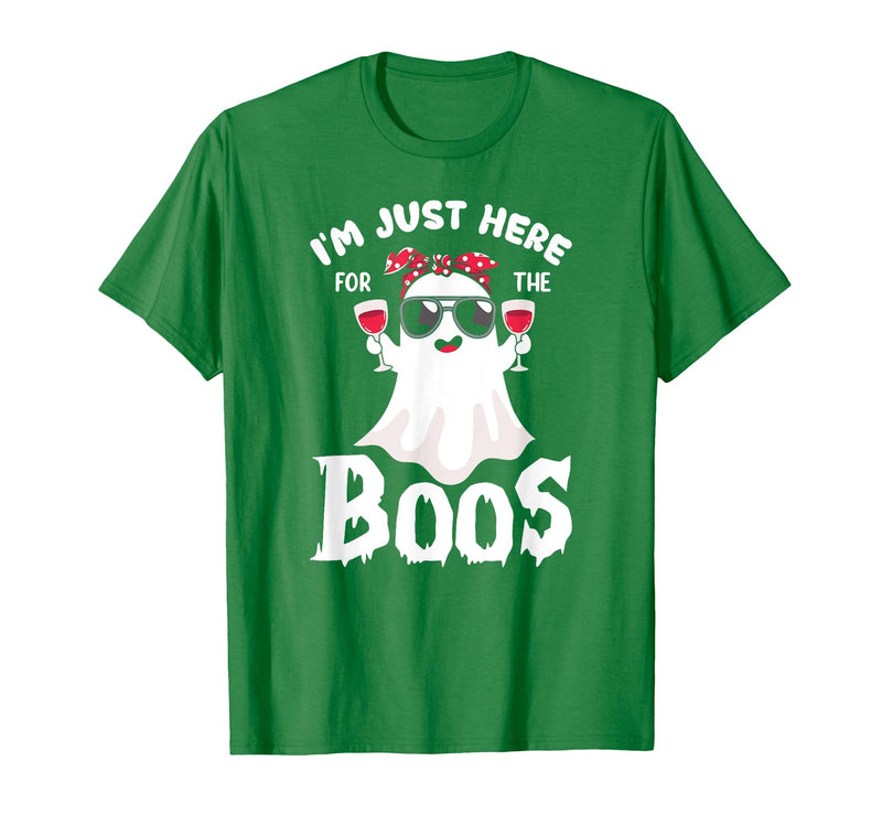 Addictive Designs Halloween Merch Funny Halloween, Just Here for the Boos, Ghost Drinking Wine T-Shirt - Kelly Green