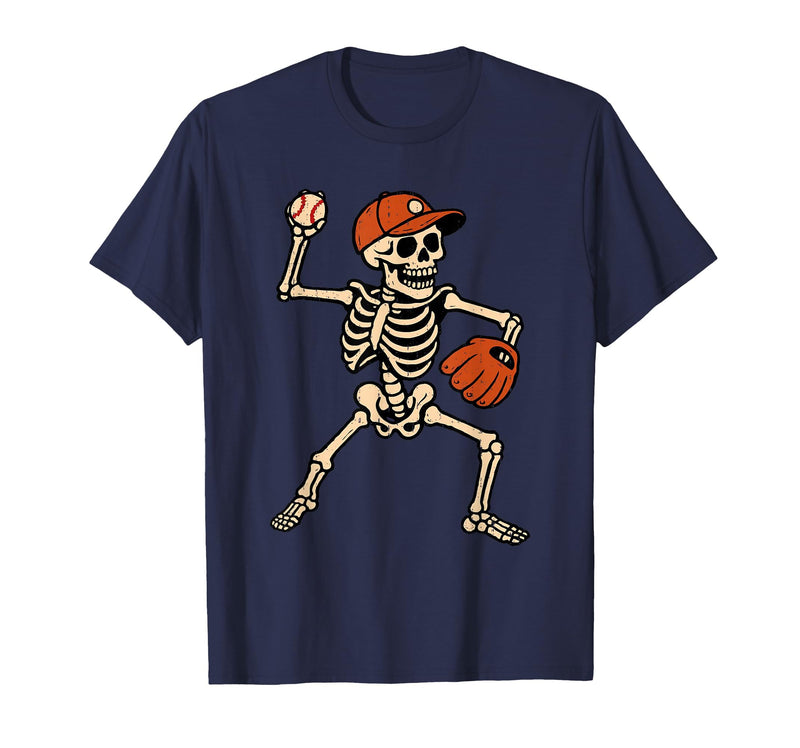 Funny Skeleton Baseball Tee Skeleton Baseball Halloween Costume Pitcher Sport Player T-Shirt - Navy Blue