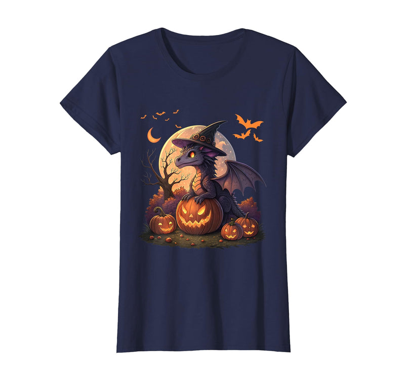 Halloween Dragons Fantasy Spooky Witchy Cute Halloween Dragon Witch Hat Pumpkin Moon Fantasy T-Shirt - Navy Blue
