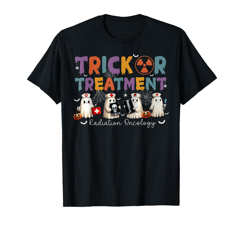 Radiation Oncology Therapist Halloween Costume Trick Or Treatment Radiation Oncology Halloween Rad Therapy T-Shirt - Black