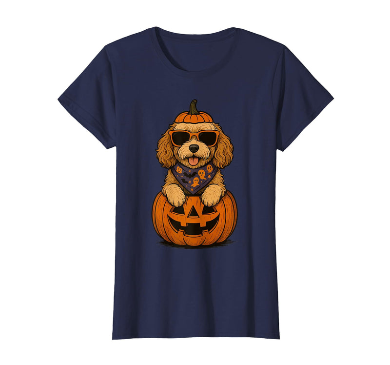 Funny Retro Maltipoo mom Halloween Spooky Cavapoo Pumpkin Halloween Doodle Dog Lover T-Shirt - Navy Blue
