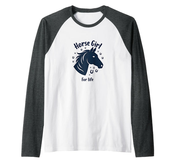 Mademark Horse Girl For Life Equestrian Passion Horseshoe Luck Raglan Baseball Tee - Dark Heather Grey/White
