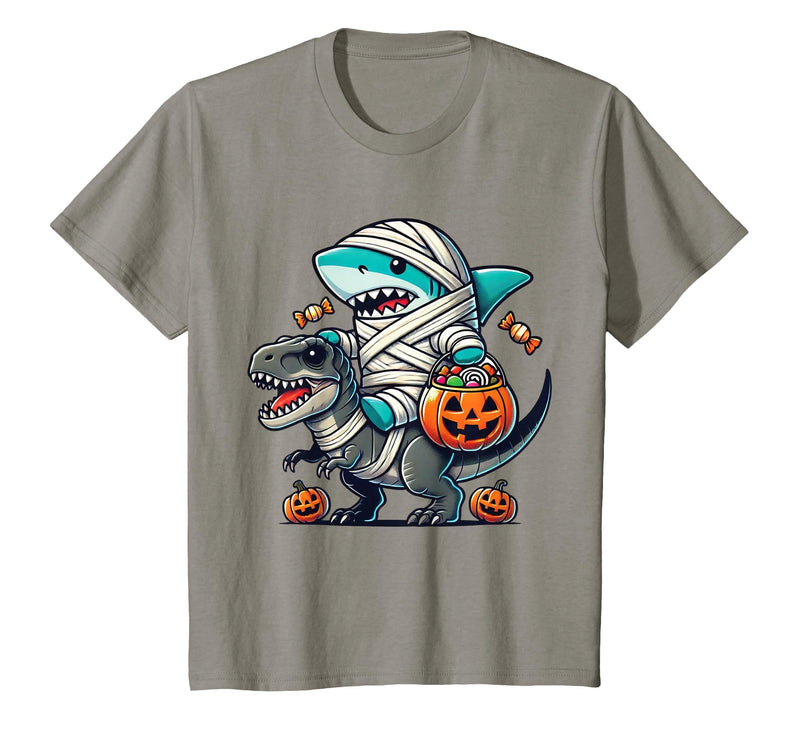Funny Shark Dinosaur Halloween Kids Boys Tees Shark Riding Dinosaur T-rex Funny Halloween Pumpkin Boys Kid T-Shirt - Slate