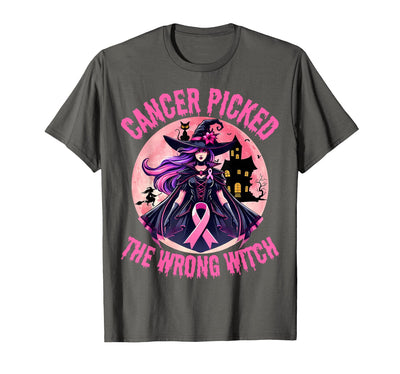 In October We Wear Pink Ribbon Warrior For Family Breast Cancer Picked The Wrong Witch Halloween Melanin Cat T-Shirt