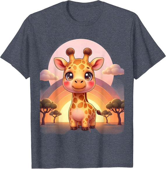 Giraffe Silhouette African Sunset Sky Graphic T-Shirt - Heather Blue