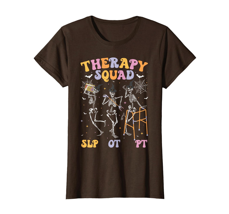 Speech Occupational Physical Therapy Halloween Therapy Squad SLP OT PT Halloween Speech Physical Skeleton T-Shirt - Brown