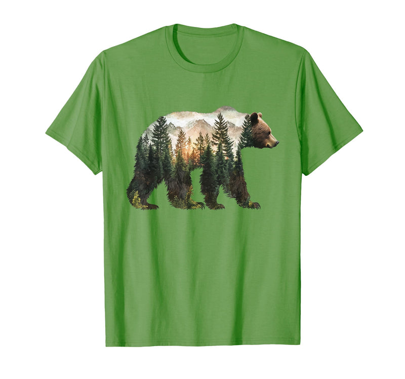 Bear Designs. Bear Forest Mountains Trees Nature Sunset Outdoor Graphic T-Shirt - Grass Green