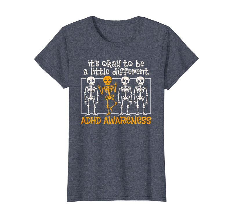 Orange Ribbon ADHD Awareness clothing Halloween Skeleton ADHD Awareness T-Shirt - Heather Blue