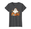 Ghost Halloween Flower Costume Floral Women Cute Ghost with Flower Halloween Pumpkin Autumn Women T-Shirt - Dark Heather Grey