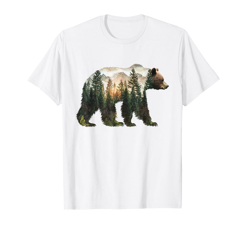 Bear Designs. Bear Forest Mountains Trees Nature Sunset Outdoor Graphic T-Shirt - White