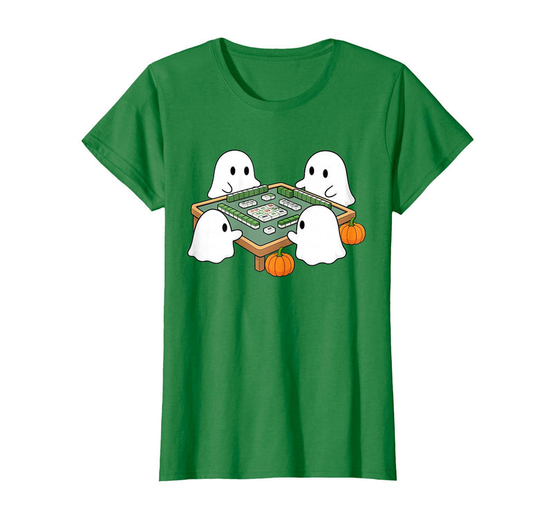 Mahjong Player Halloween Ghost Playing Mahjong Halloween Ghost Playing Mahjong Spooky Season Game Day Fall T-Shirt - Kelly