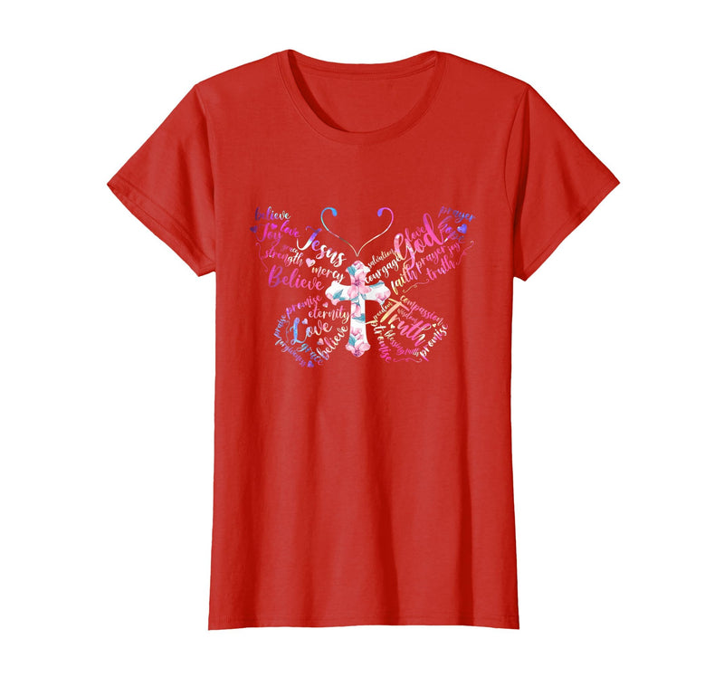 Butterfly Prayer Graphic Jesus Christian Cross Butterfly Prayer Jesus Christian Cross Floral Pattern T-Shirt - Red