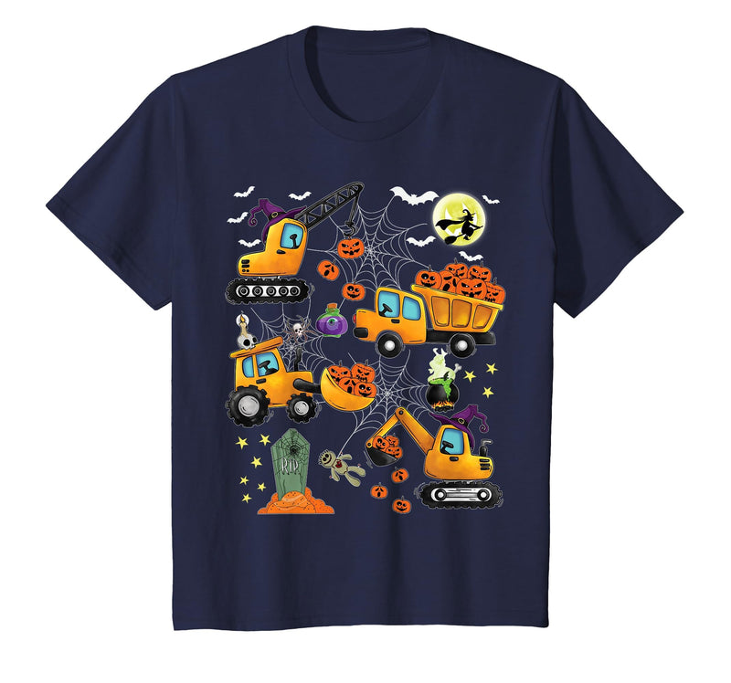 Kids Fun Construction Vehicle Halloween spider web Kids Construction Vehicle Halloween Crane Truck Pumpkin Boys T-Shirt -