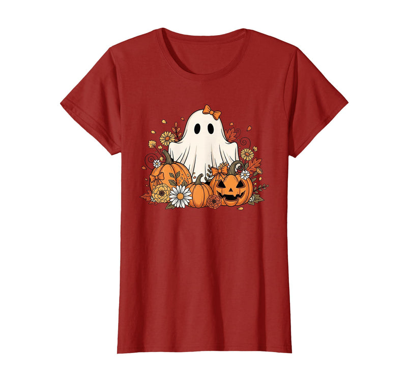 Ghost Halloween Flower Costume Floral Women Cute Ghost with Flower Halloween Pumpkin Autumn Women T-Shirt - Cranberry Red
