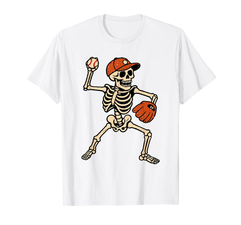 Funny Skeleton Baseball Tee Skeleton Baseball Halloween Costume Pitcher Sport Player T-Shirt - White