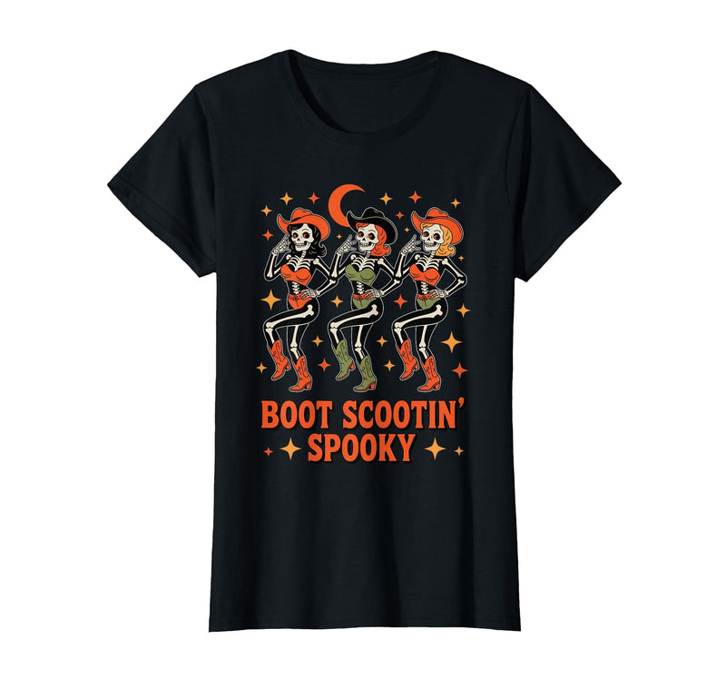 Dancing Skeleton Girls Retro Country Halloween Tee Boot Scootin Cowgirl Spooky Western Line Dance T-Shirt - Black