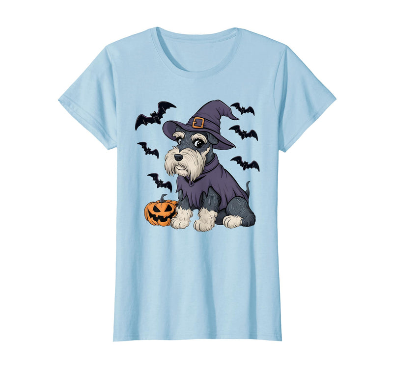 Witch Schnauzer Dog Halloween Outfits Schnauzer Dog Scary Pumpkin Bat Witch Schnauzer Halloween T-Shirt - Baby Blue