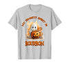 Boo Watercolor Pumpkin Cup Light Witch Hat Bottle Bourbon My Favorite Spirit is Bourbon Happy Halloween Boo T-Shirt - Silver