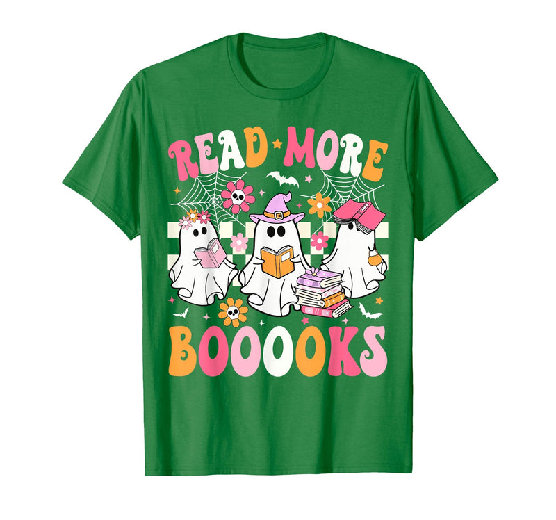 Read More Books Ghost Halloween Teacher Outfits Read More Books Ghosts Reading Book Funny Teacher Halloween T-Shirt - Kelly