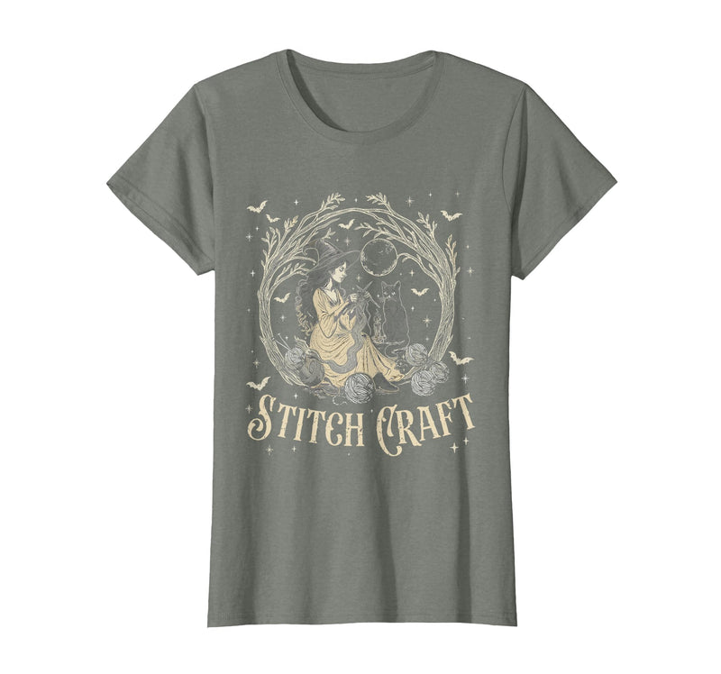 Witch Black Cat Halloween Witches Crochet Womens Stitch Craft Salem Witch Halloween Cat Witch Girls Trip T-Shirt - Olive