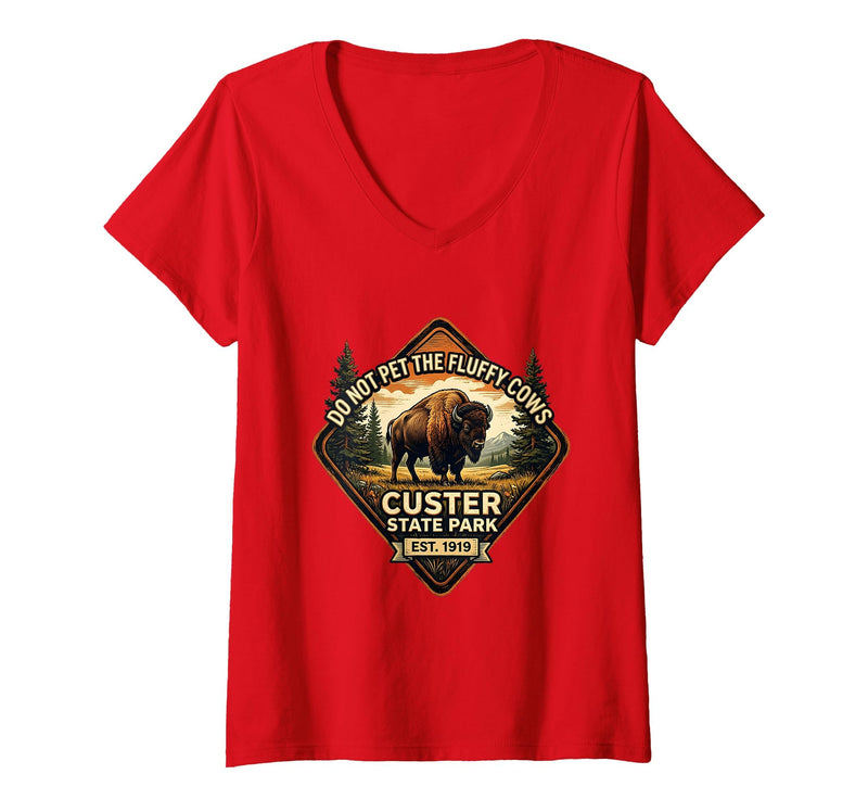 Mademark Women's Do Not Pet The Fluffy Cows Custer State Park Design V-Neck T-Shirt - Red