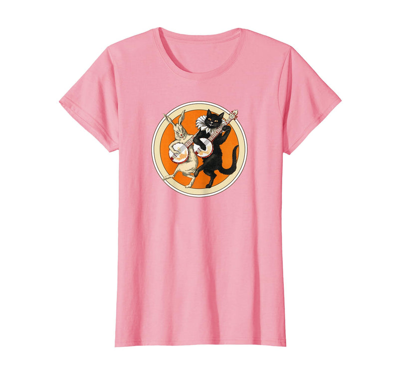 The Persnickety Owl Vintage Halloween Ephemera The Black Cat Magazine Halloween Cat Rabbit and Banjo T-Shirt - Pink