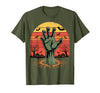 Creepy Undead Zombie Hand Retro Sunset Scary Zombie Hand Retro Sunset Halloween Horror Tee T-Shirt - Olive Green