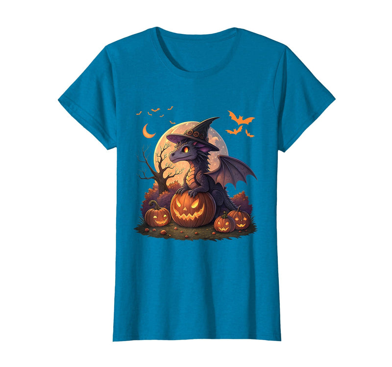 Halloween Dragons Fantasy Spooky Witchy Cute Halloween Dragon Witch Hat Pumpkin Moon Fantasy T-Shirt - Sapphire Blue