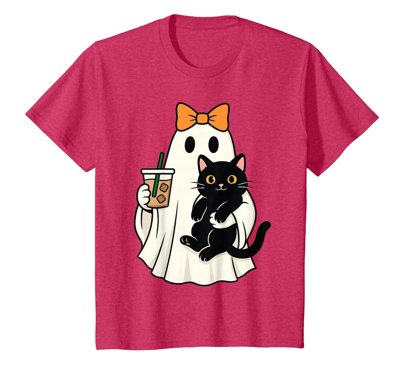 halloween iced coffee costume Cat Women Girls Cute Halloween Cat Ghost Drinking Coffee Ghost Women Girls T-Shirt - Red