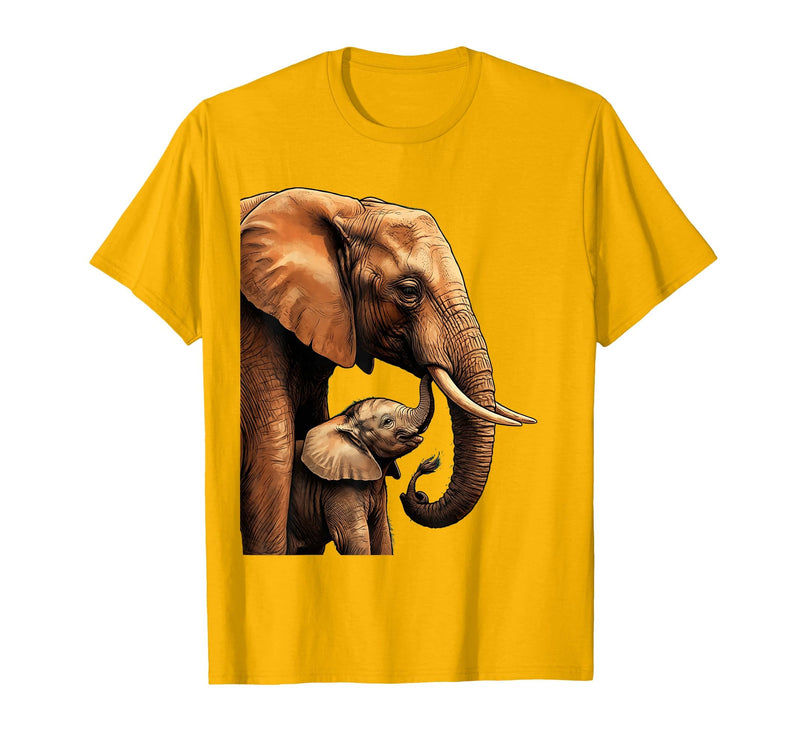 Mademark Mama Elephant Nudging Baby With Trunk Illustration T-Shirt - Men - Golden Yellow
