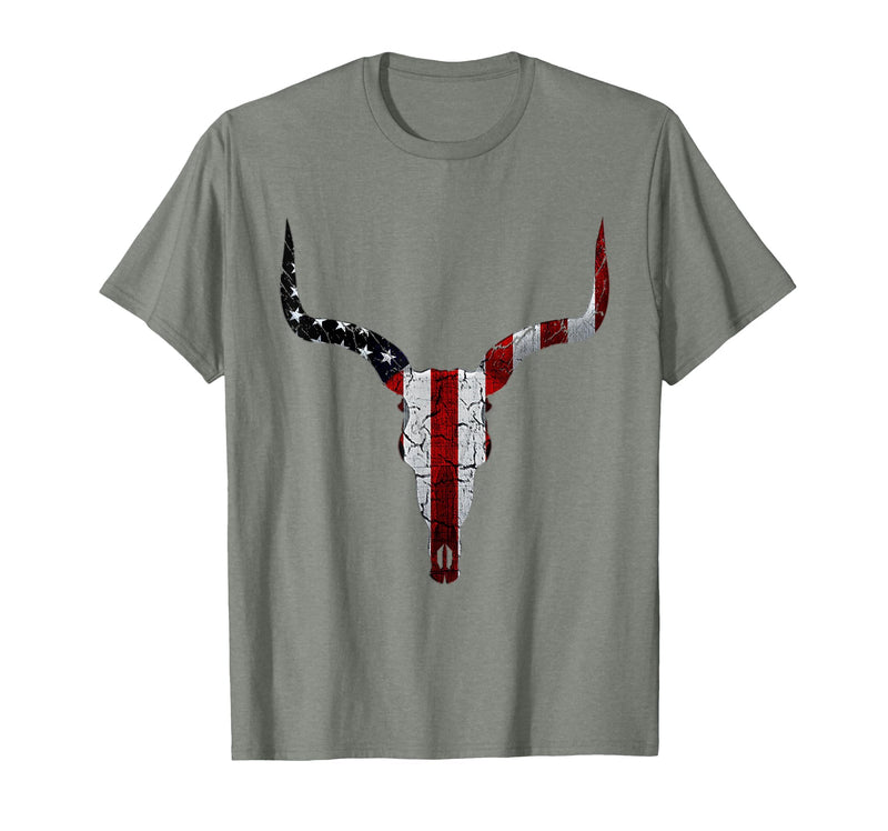 Cow skull USA Flag Bull Skull American Flag Cow Skull Western Graphic Wild West T-Shirt - Olive Heather