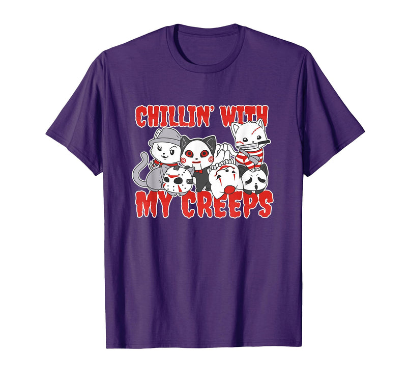 Chillin With My Creeps Apparel Chillin with My Creeps Cat Horror Killer Halloween Costume T-Shirt - Purple