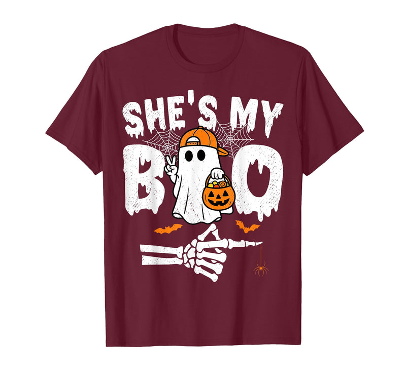 Funny Couples Halloween Matching Couple Outfits He's My Boo Matching Couple Halloween Couples She's My Boo T-Shirt - Burgundy
