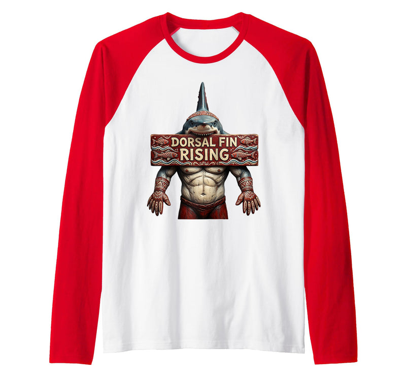 Mademark Dorsal Fin Rising Shark Men Graphic Design Raglan Baseball Tee - Red/White