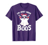 Addictive Designs Halloween Merch Funny Halloween, Just Here for the Boos, Ghost Drinking Wine T-Shirt - Purple