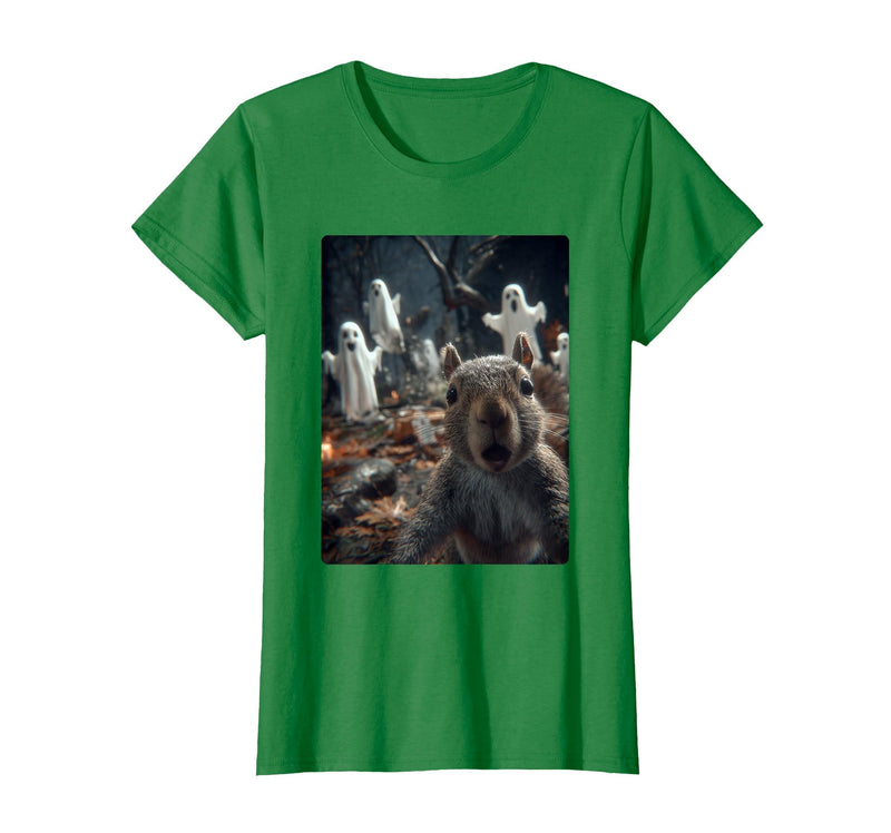 Funny Halloween Animals Selfies Clothing Funny Squirrel Selfie with Ghosts Haunted Forest Halloween T-Shirt - Kelly Green