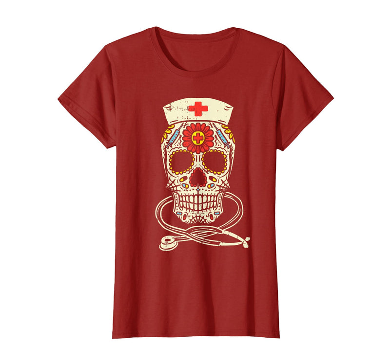 Halloween Nurse Shirts For Women Scrub Costumes Nurse Sugar Skull Stethoscope RN Medical Halloween Costume T-Shirt -
