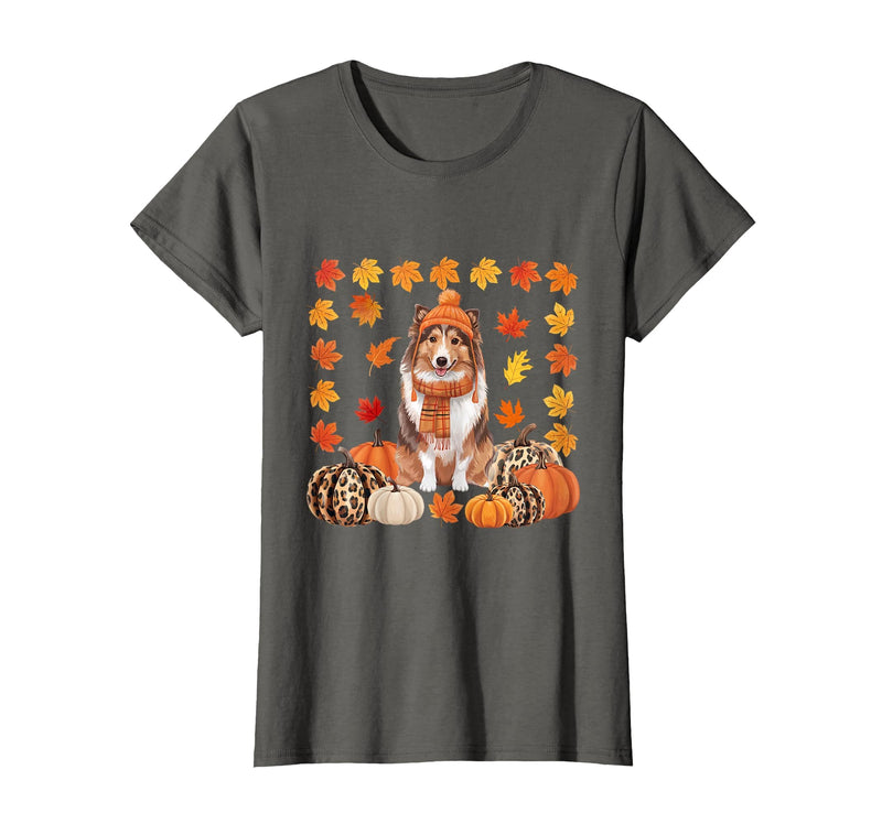 Shetland Sheepdog Sheltie Shop Sheltie Shetland Sheepdog Pumpkins Fall Leaves Halloween T-Shirt - Asphalt Grey