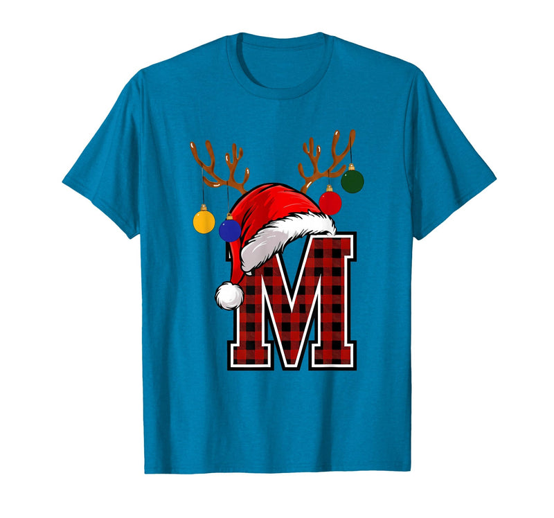 Christmas Buffalo Plaid Alphabet Tees Letter M Name Initial Buffalo Plaid Alphabet Monogram T-Shirt - Sapphire Blue