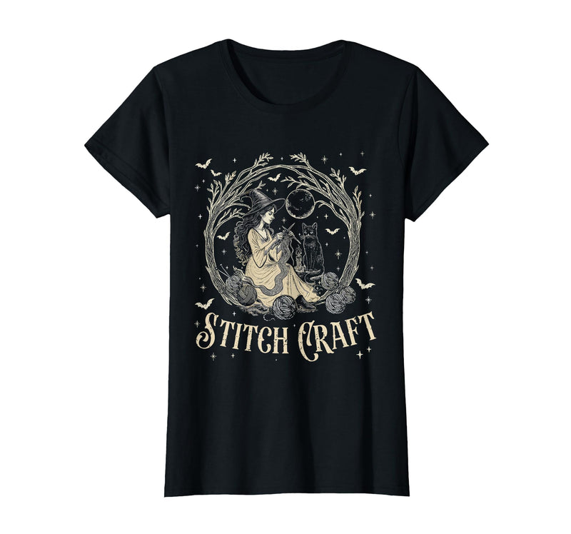 Witch Black Cat Halloween Witches Crochet Womens Stitch Craft Salem Witch Halloween Cat Witch Girls Trip T-Shirt - Black
