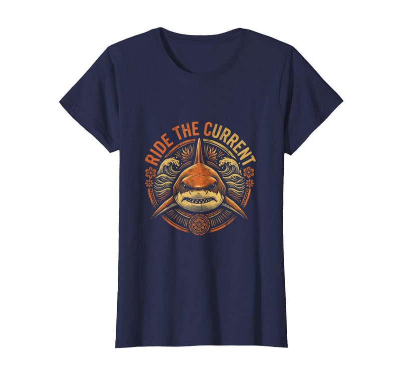 Mademark Ride the Current Shark Ocean Graphic Design T-Shirt - Navy Blue