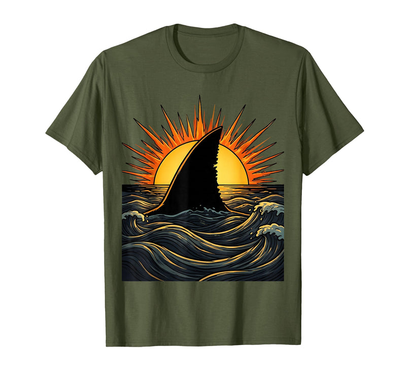 Mademark Shark Fin Silhouette Blazing Sunset Graphic T-Shirt - Olive Green