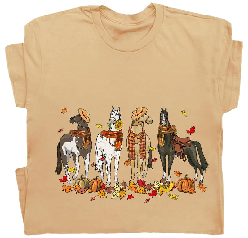 Niaday Fall Horse Shirt Men Women Graphic Short Sleeve T-Shirt Tee, Fall Season Horses Horse Lover Shirt - Khaki