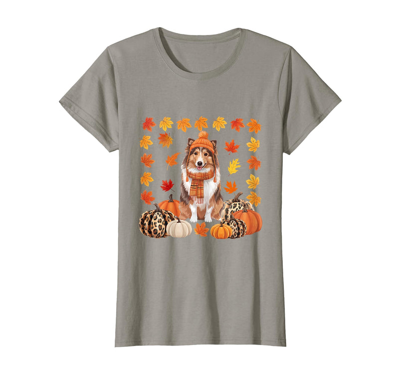 Shetland Sheepdog Sheltie Shop Sheltie Shetland Sheepdog Pumpkins Fall Leaves Halloween T-Shirt - Slate Grey