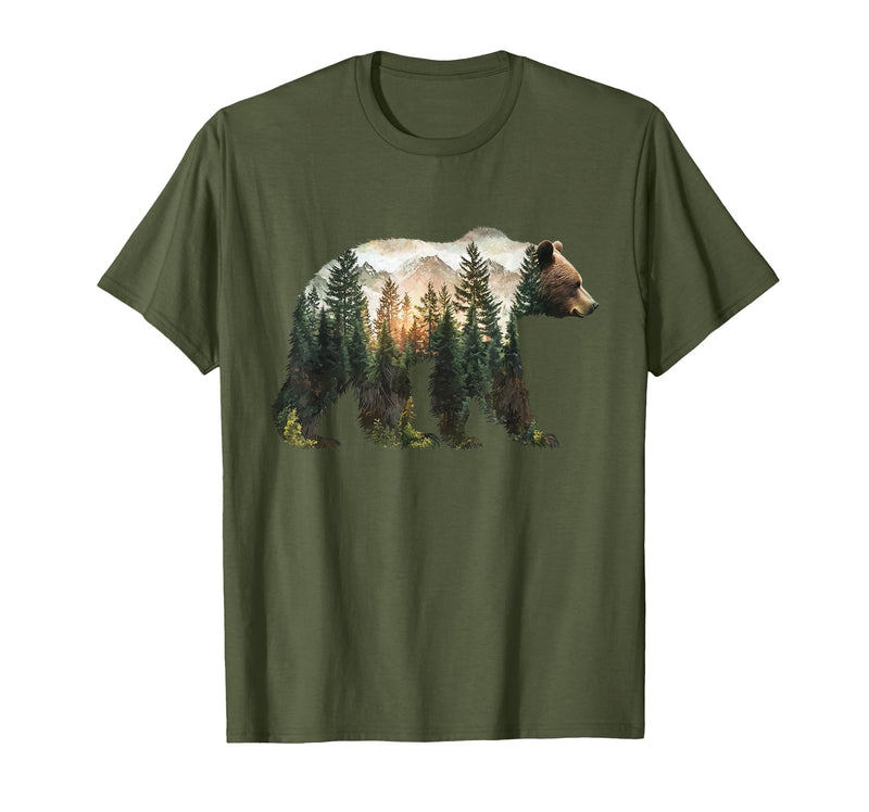 Bear Designs. Bear Forest Mountains Trees Nature Sunset Outdoor Graphic T-Shirt - Olive Green
