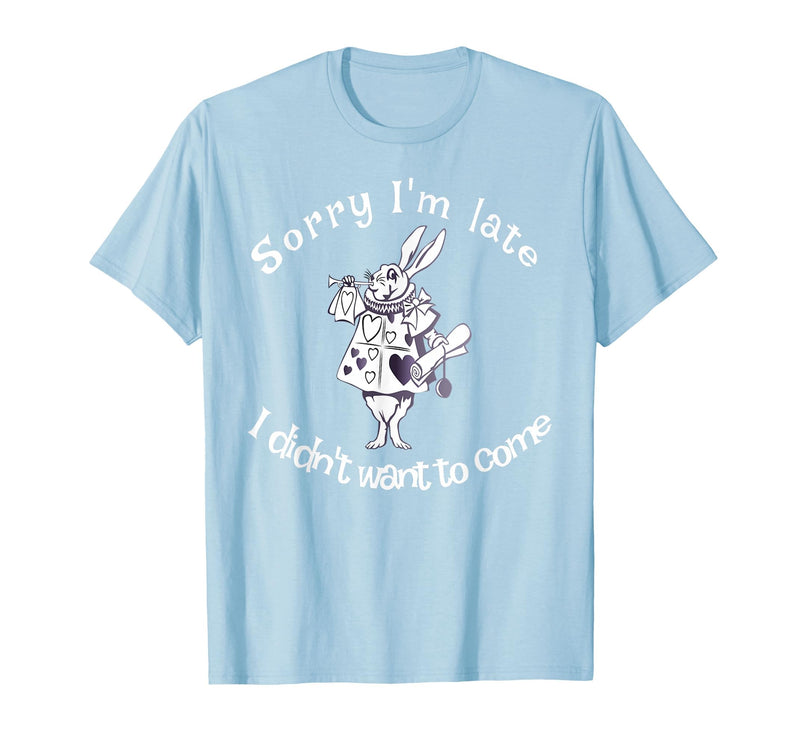 Sorry I'm Late, I Didn't Want to Come White Rabbit Watch T-Shirt in Baby Blue