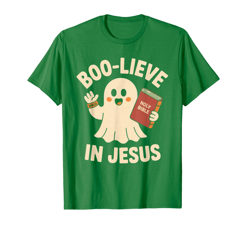 Christian Halloween Merch Boo-Lieve in Jesus - Christian Halloween Christianity T-Shirt - Kelly Green