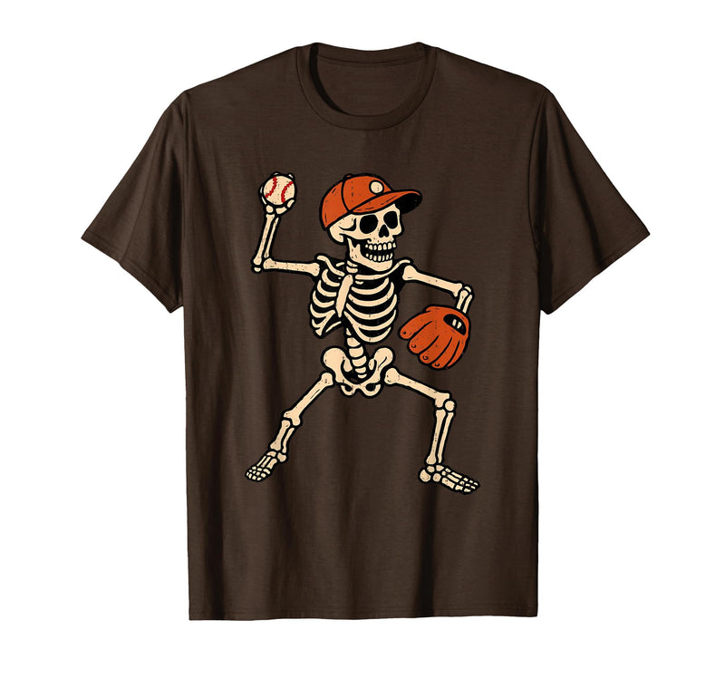 Funny Skeleton Baseball Tee Skeleton Baseball Halloween Costume Pitcher Sport Player T-Shirt - Brown