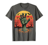 Creepy Undead Zombie Hand Retro Sunset Scary Zombie Hand Retro Sunset Halloween Horror Tee T-Shirt - Asphalt Grey