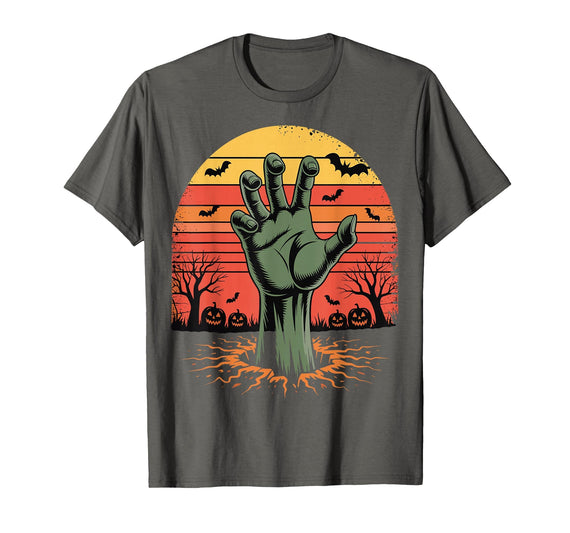Creepy Undead Zombie Hand Retro Sunset Scary Zombie Hand Retro Sunset Halloween Horror Tee T-Shirt - Asphalt Grey